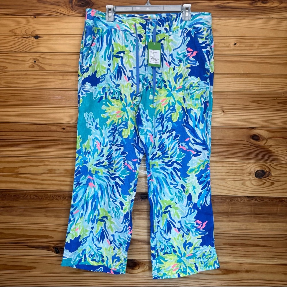 Lilly Pulitzer Calley pants brilliant blue wade and sea Size 12 100% linen NEW